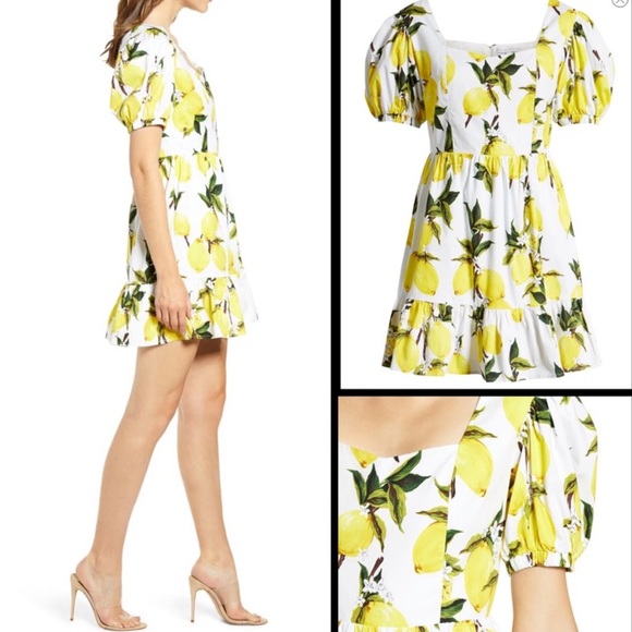 English Factory Womens A Line Dress Yellow White Mini Lemon Print - Size L - Picture 3 of 8